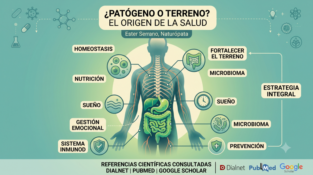 Comparación Teórica Patógeno vs Terreno Biológico - Naturópata Ester Serrano La base de la autocuración', muestra una silueta humana verde con plantas internas y otra figura anatómica central con el sistema digestivo y la columna expuestos. Alrededor de esta figura hay iconos de nutrición, sueño, gestión emocional, homeostasis y prevención.